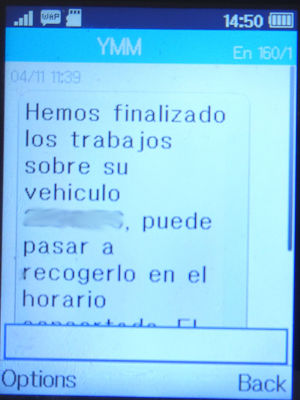 YAMAHA Euroservice, Spanien, SMS Inspektion, Abholung und Preis auf einem Alcatel 2051X Mobiltelefon