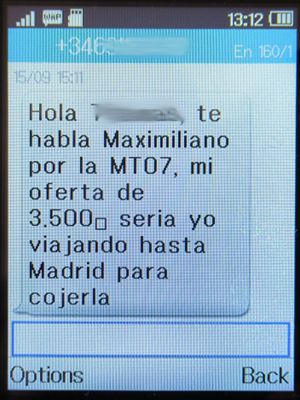 YAMAHA Euroservice, Spanien, SMS von einem Kaufinteressenten auf einem Alcatel 2051X Mobiltelefon