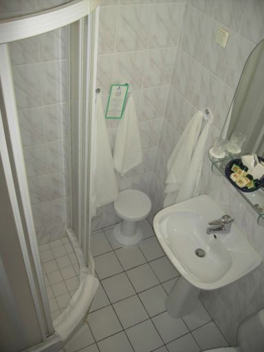 Hotel Grand Warschau, Polen, Badezimmer mit Duschkabine, Waschbecken und WC