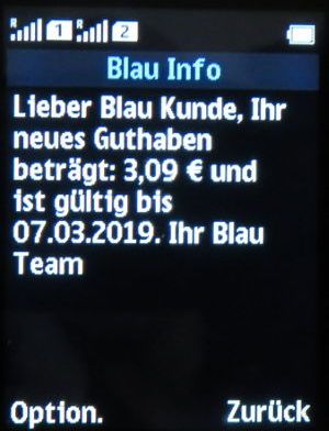 Blau, SMS auf einem Nokia 150 Dual SIM mit Bestätigung Guthabenaufladung
