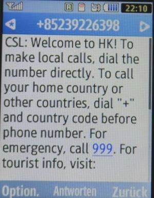 Blau, SMS auf einem Samsung GT–C3590 mit Roaming Informationen von CSL Hong Kong, China