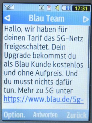 Blau, SMS auf einem Samsung GT–S3370 mit Meldung 5G-Netz für Blau Kunden am 1. Oktober 2025