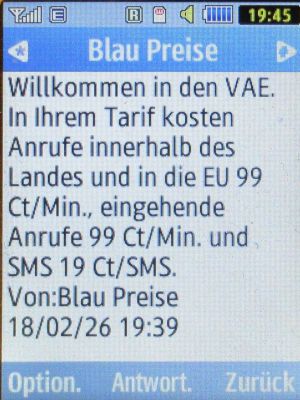 Blau, SMS auf einem Samsung GT&ndash;S3370 mit Meldung Willkommen in den VAE im Februar 2026