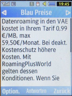 Blau, SMS auf einem Samsung GT&ndash;S3370 mit Meldung Datenroaming in den VAE im Februar 2026