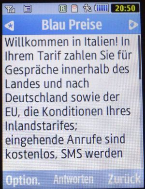 Blau, SMS auf einem Samsung GT–S3370 mit Meldung Willkommen in Italien März 2019