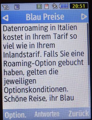 Blau, SMS auf einem Samsung GT–S3370 mit Meldung Datenroaming in Italien März 2019