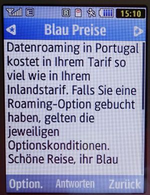 Blau, SMS auf einem Samsung GT–S3370 mit Meldung Datenroaming in Portugal August 2019