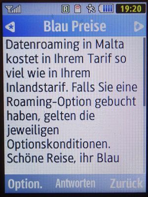 Blau, SMS auf einem Samsung GT–S3370 mit Meldung Datenroaming in Malta Dezember 2019