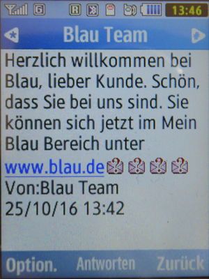 Blau, SMS auf einem Samsung GT–C3590 mit Meldung nach erfolgreicher Umstellung auf Blau