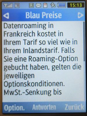 Blau, SMS auf einem Samsung GT–S3370 mit Meldung Datenroaming in Frankreich Juli 2020