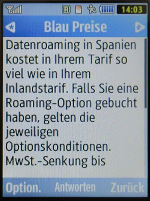 Blau, SMS auf einem Samsung GT–S3370 mit Meldung Datenroaming in Spanien Juli 2020