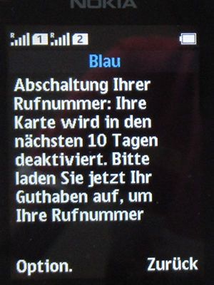 Blau, SMS auf einem Nokia 150 Dual SIM mit Warnung Abschaltung Ihrer Rufnummer