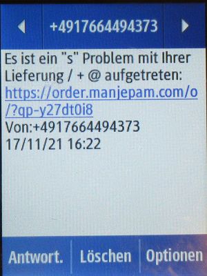 Blau, SPAM SMS auf einem Samsung Rex80 GT–S5220R Telefonnummer +4917664494373