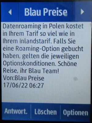 Blau, SMS auf einem Samsung Rex80 GT–S5220R mit Meldung Datenroaming in Polen Juni 2022
