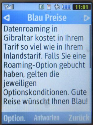 Blau, SMS auf einem Samsung GT–S3370 mit Meldung Datenroaming in Gibraltar September 2022
