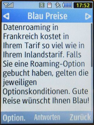 Blau, SMS auf einem Samsung GT–S3370 mit Meldung Datenroaming in Frankreich Oktober 2022
