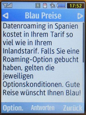 Blau, SMS auf einem Samsung GT–S3370 mit Meldung Datenroaming in Spanien Oktober 2022