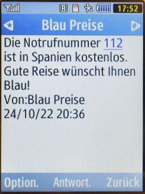Blau, SMS auf einem Samsung GT–S3370 mit Meldung Notrufnummer 112 in Spanien Oktober 2022