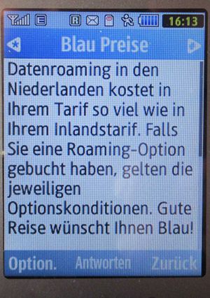 Blau, SMS auf einem Samsung GT–S3370 mit Meldung Datenroaming in den Niederlanden Januar 2023