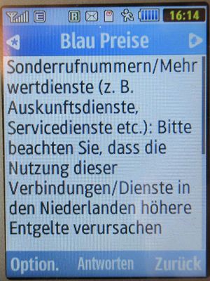 Blau, SMS auf einem Samsung GT–S3370 mit Meldung Sonderrufnummern in den Niederlanden Januar 2023