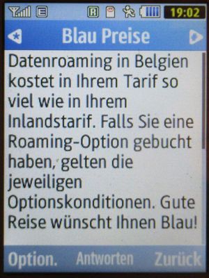 Blau, SMS auf einem Samsung GT–S3370 mit Meldung Datenroaming in Belgien 2023