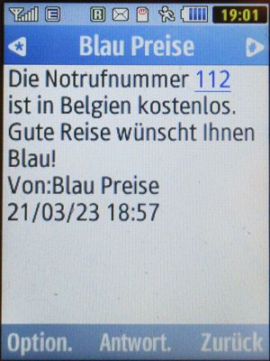 Blau, SMS auf einem Samsung GT–S3370 mit Meldung Notrufnummer 112 in Belgien 2023