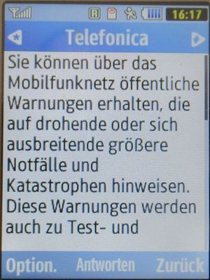 Blau, SMS mit Hinweis Voraussetzungen zum Cell Broadcasting auf einem Samsung GT–S3370