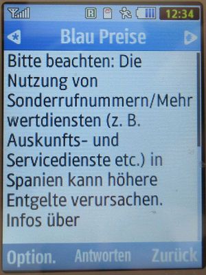 Blau, SMS auf einem Samsung GT–S3370 mit Meldung Sonderrufnummern in Spanien März 2024