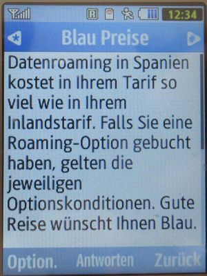 Blau, SMS auf einem Samsung GT–S3370 mit Meldung Datenroaming in Spanien März 2024