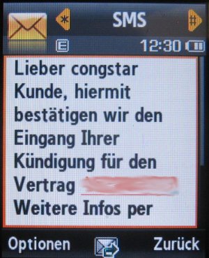 congstar, Bestätigung der Kündigung SMS auf Samsung SGH–L760