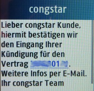 congstar, Bestätigung der Kündigung SMS auf Samsung GT–C3300K