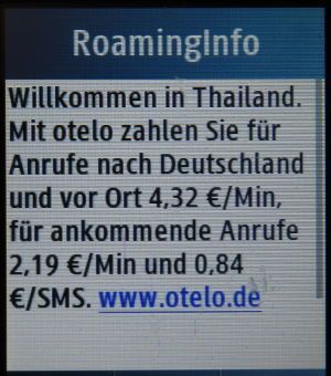 otelo F95 prepaid SIM Karte, SMS mit Roamingpreise Thailand