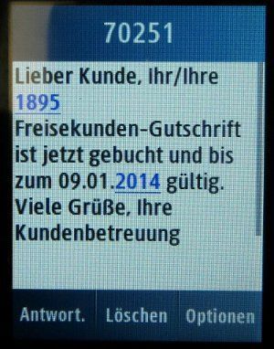 otelo F95, SMS Nachricht mit Freisekunden Gutschrift