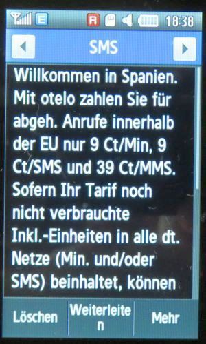 otelo F95, SMS mit Roaminginformationen auf einem Samsung GT–S5620 Monte