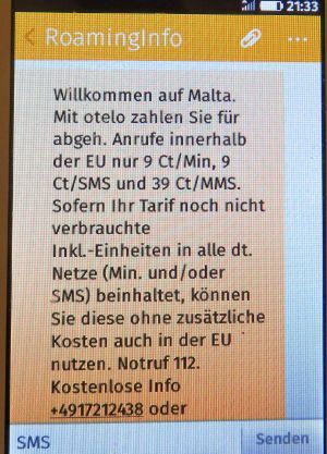 otelo F95, SMS mit Roaminginformationen auf einem Alcatel ONE TOUCH FREE Smartphone mit Firefox Betriebssystem 1.3.0.0