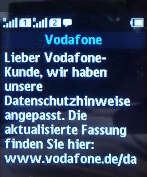 otelo F95, SMS Nachricht zum Datenschutz auf einem Nokia 150 Dual SIM im Juli 2019