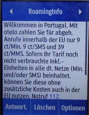 otelo F95, SMS mit Roaminginformationen Portugal auf einem Samsung Rex80 GT–S5220R