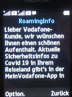 otelo F95, SMS Nachricht zur Coronavirus Vodafone-App auf einem Nokia 150 Dual SIM im Juli 2020