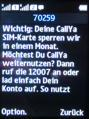 otelo F95, SMS Nachricht Warnung Abschaltung der SIM Karte auf einem Nokia 150 Dual SIM im August 2021