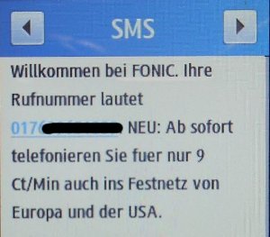 FONIC prepaid SIM Karte, Willkommens SMS auf dem Samsung GT S–3370