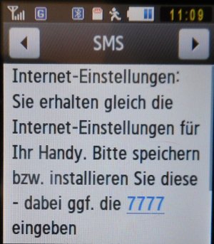 FYVE prepaid SIM Karte, Info SMS auf dem Samsung GT S–3650 Corby