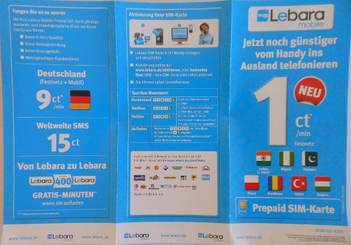 Lebara mobile prepaid SIM Karte, Werbeflyer im Format 21 cm × 9,5 cm