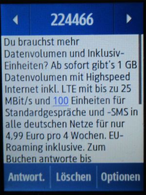 LIDL Connect, SMS mit Hinweis Datenvolumen Paket auf einem Samsung Rex80 GT-S5220R Mobiltelefon