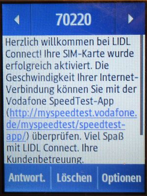 LIDL Connect, SMS mit Hinweis Aktivierung auf einem Samsung Rex80 GT-S5220R Mobiltelefon