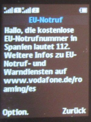 LIDL Connect, EU Notruf Spanien, Juli 2025 Info SMS auf einem Nokia 150 Dual SIM Mobiltelefon