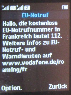 LIDL Connect, EU Notruf Frankreich, Mai 2025 Info SMS auf einem Nokia 150 Dual SIM Mobiltelefon