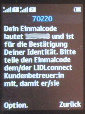 LIDL Connect, Einmalcode Identität, Mai 2025 Info SMS auf einem Nokia 150 Dual SIM Mobiltelefon
