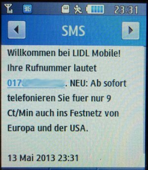 LIDL mobile Classic prepaid SIM Karte, Willkommens SMS auf dem Samsung GT S–3370