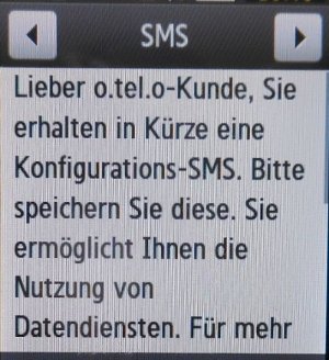 o.tel.o, SMS mit Information zur Konfigurations SMS