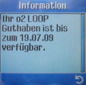 o2 Loop, Guthabengültigkeitsanzeige auf dem Mobiltelefon